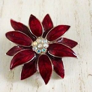 Gold Tone Red Enamel Petaled Flower with Pavé Crystal Center Pin